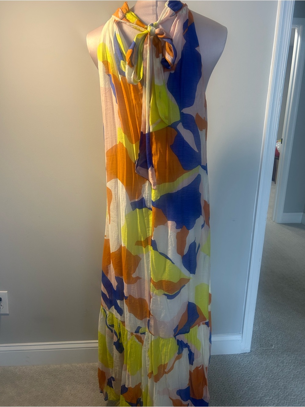 Cynthia Steffe Sleeveless Tie-Neck Maxi Dress in Blue, Orange, Yellow & Cream